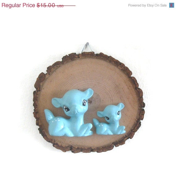 ON SALE Handmade Chalkware Deer Mother and Child Wall Hanging on Wood Slice Wall Decor