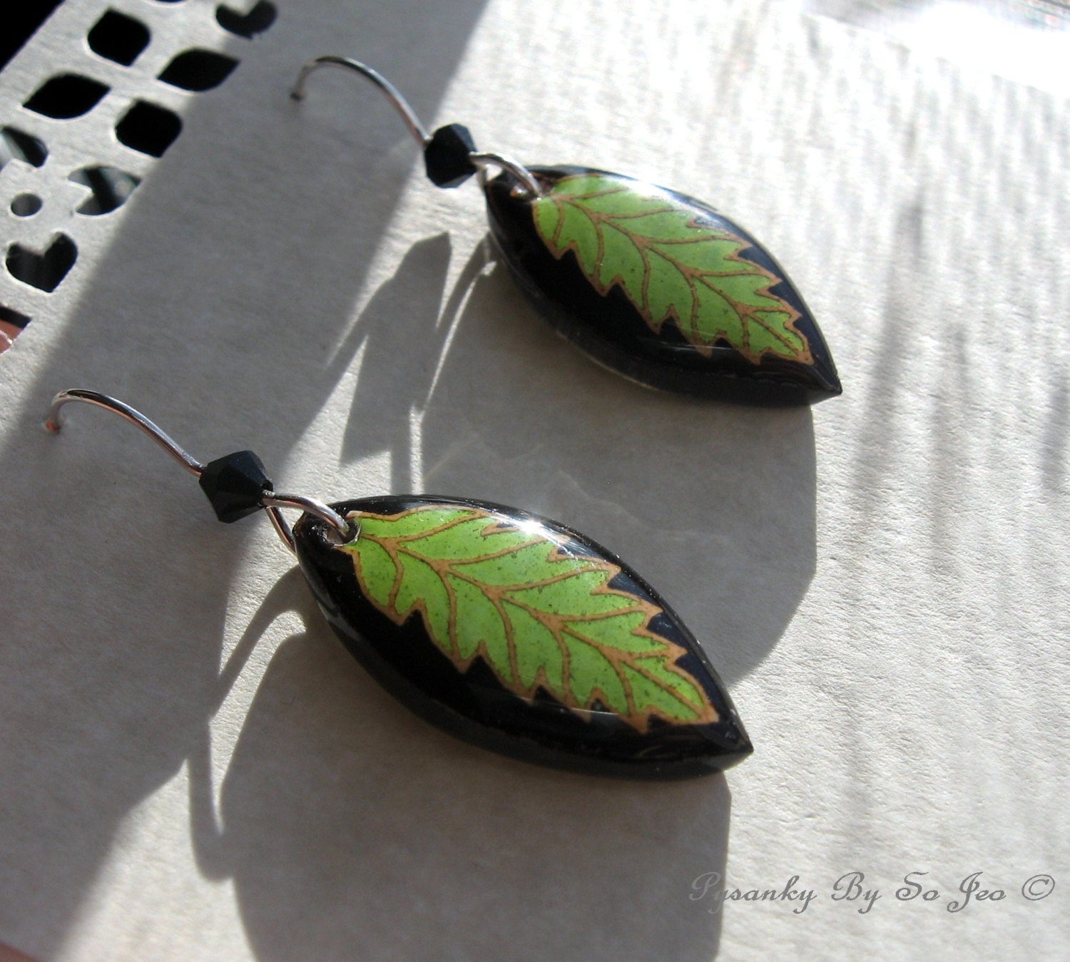 Eco Sublime Lime Leaf  Pysanky Batik Egg Shell Earrings