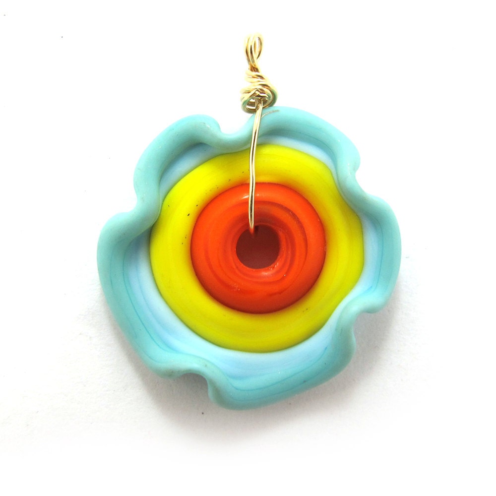 Lampwork bead, Handmade lampwork bead  glass, Lampwork beads, lampwork pendant, aqua, yellow, orange (1) SRA