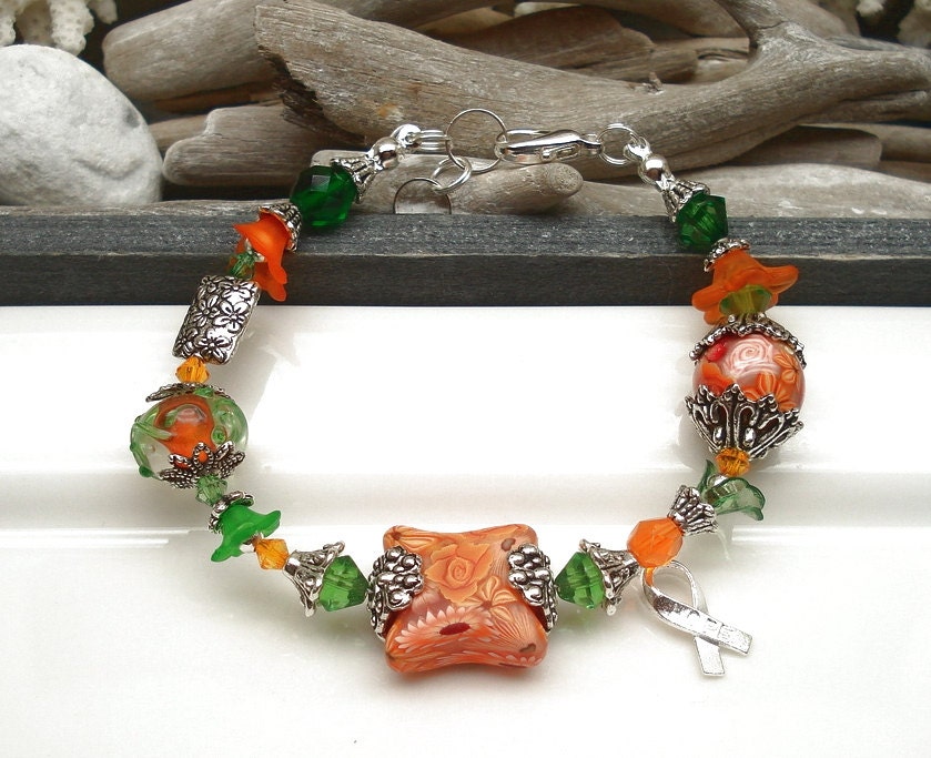 ORANGE Awareness Lampwork Polymer Clay Bracelet - Orange Fountain - Kidney Cancer, Leukemia, Multiple Sclerosis, RSD, Self Injury