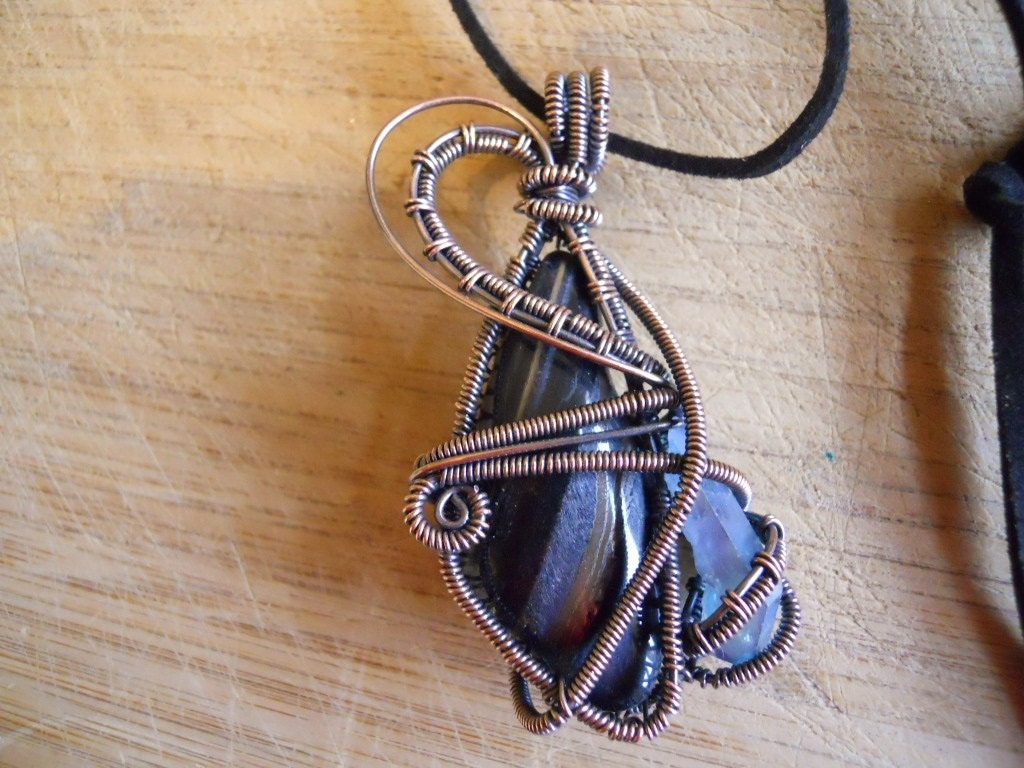 Blue Tigers Eye and Aqua Aura Quartz Wire Wrapped in Oxidized Copper Wire Pendant