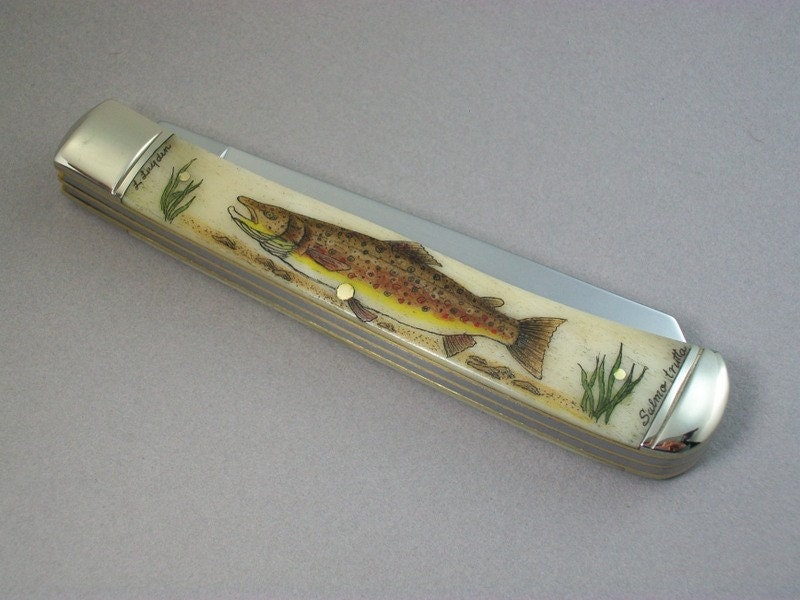 Balance Due, RESERVED CUSTOM ORDER for Richard, Scrimshaw Pocket Knife with brown trout