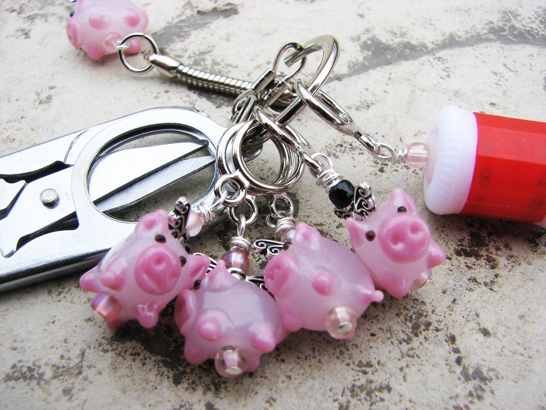 Knitter's Chatelaine: Flying Pigs - Stitch Markers, Row Counter & Folding Scissors on a Decorative Clasp