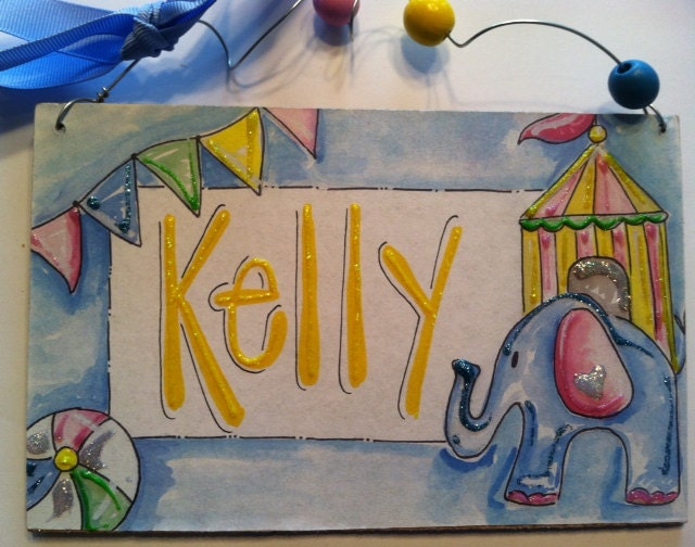 Sweet baby circus sign with cute elephant and bunting perfect for a baby shower gift or nursery