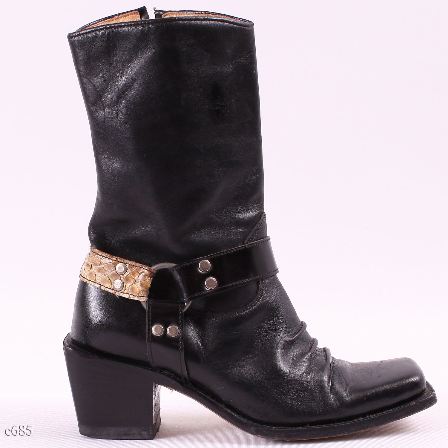 80s Black Leather Harness Boots / Snakeskin Details / US 6.5, EUR 37, uk 4