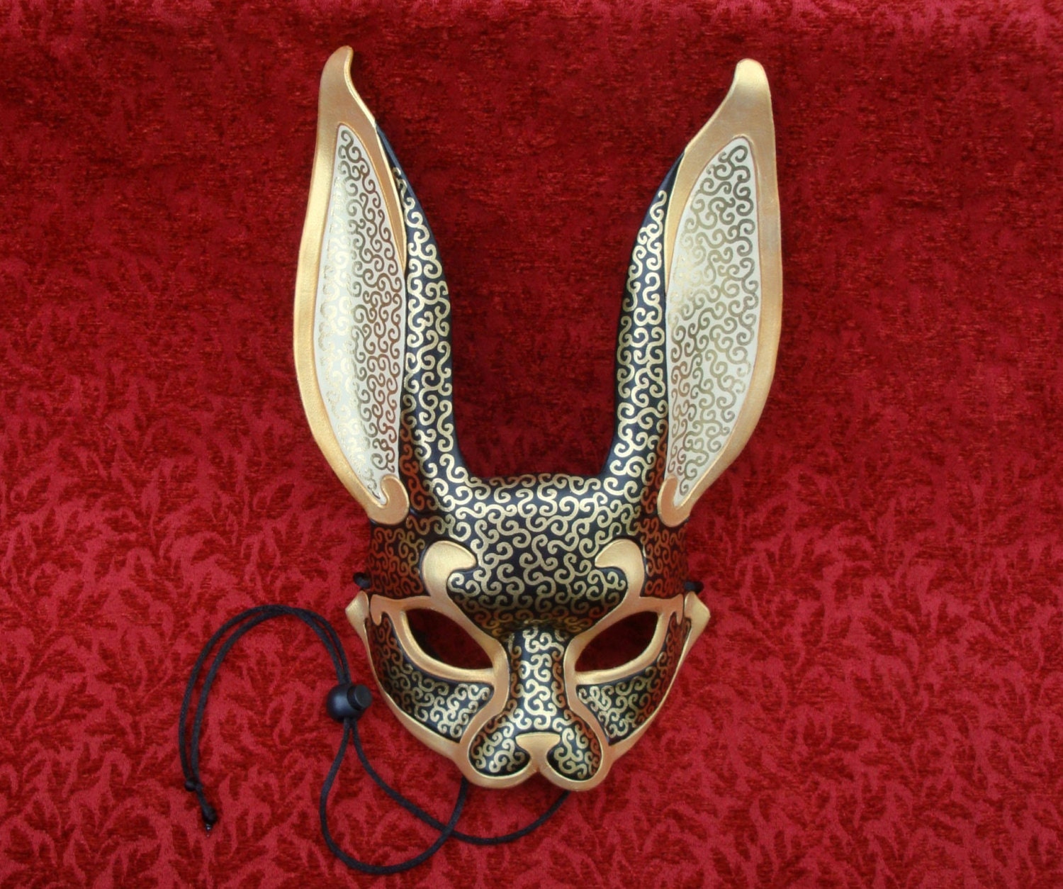 Black and Gold Venetian Rabbit Mask...  handmade leather rabbit mask