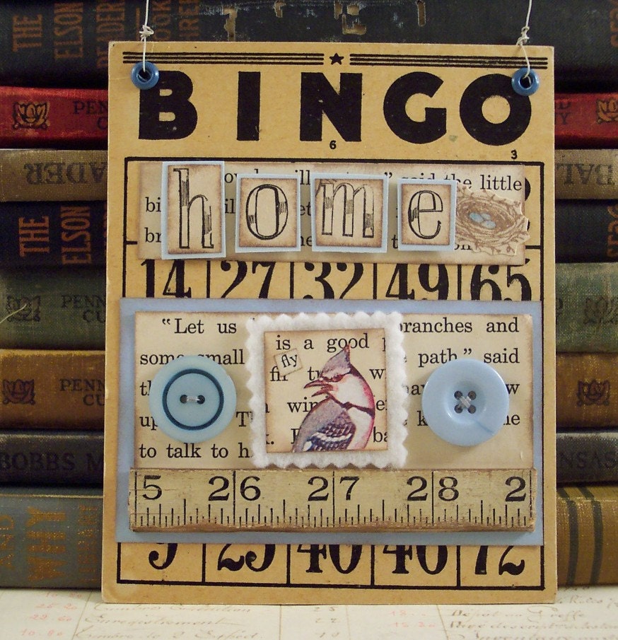 Mixed Media Collage Art Blue Jay Altered Bingo Card Wall Hanging