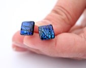 Tiny Earrings - Square Ear Studs with silver foil - Galactic Blue - Everyday Earrings - Women Jewelry - Childrens Jewelry - Gift idea