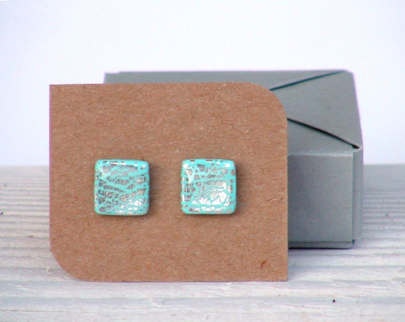 Tiny Earrings with Silver Foil - Square Ear Studs - Mint - Everyday Earrings - Childrens Jewelry - Gift idea