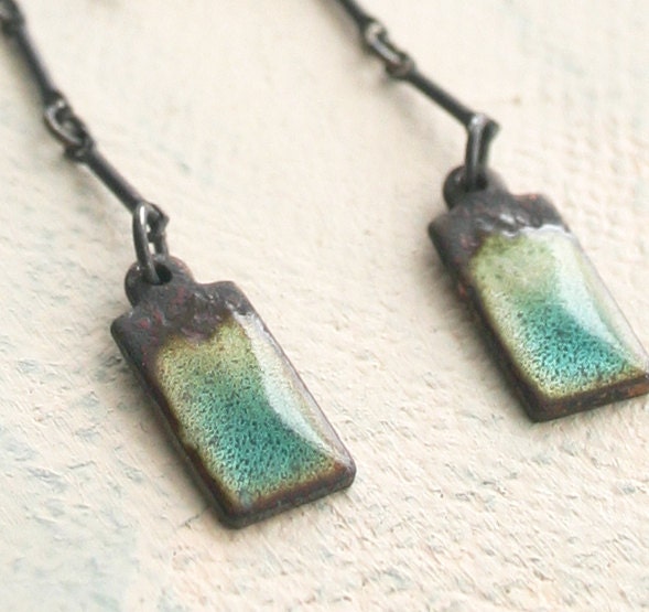 Long Organic Blue Earrings - Turquoise and Black Enamel Rectangle Earrings