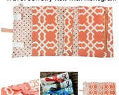 25% OFF Bridal Sale Travel Jewelry Holder Case Wallet Roll Up in Geo Tile Coral Peach Orange Organic Fabrics