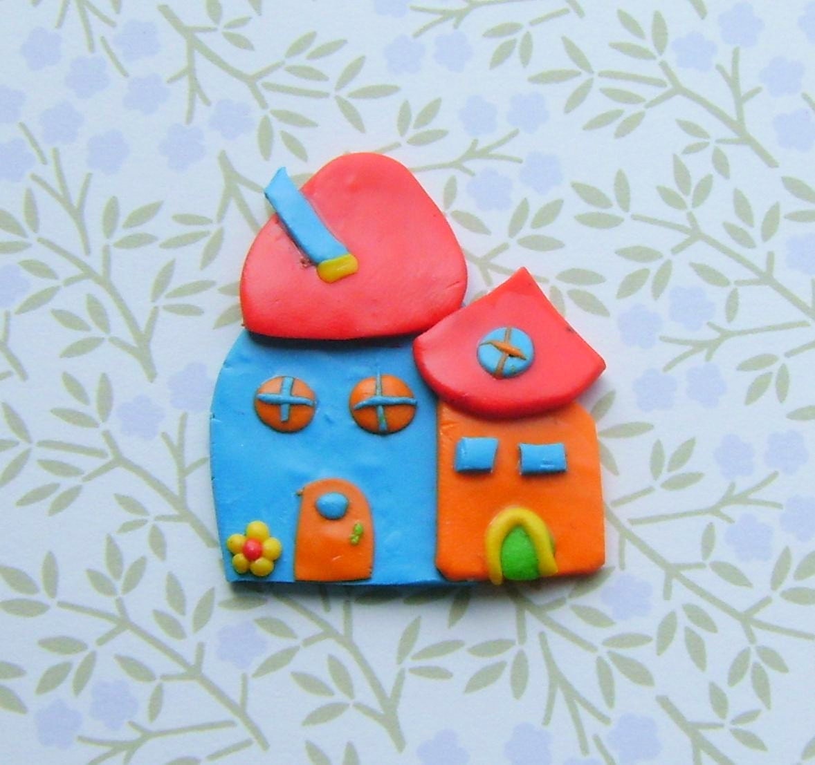 Polymer Clay Colorful House pin brooch or magnet