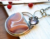 ON SALE Agua Nueva Agate Necklace in Oxidized Sterling Silver and Amethyst Whimisical Stylish Metalwork