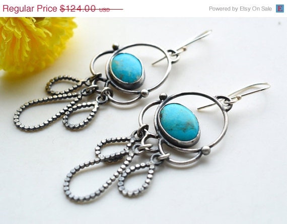 ON SALE Boho Earrings, Handmade, Sterling Silver, Long, Turquoise, Unique Metalwork, Hand Forged, Long, Gift for a Friend