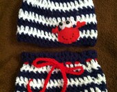 Nautical Crab Navy Blue and White Crochet Beanie Skullcap Hat and Diaper Cover Set-cute photo prop-newborn infant baby
