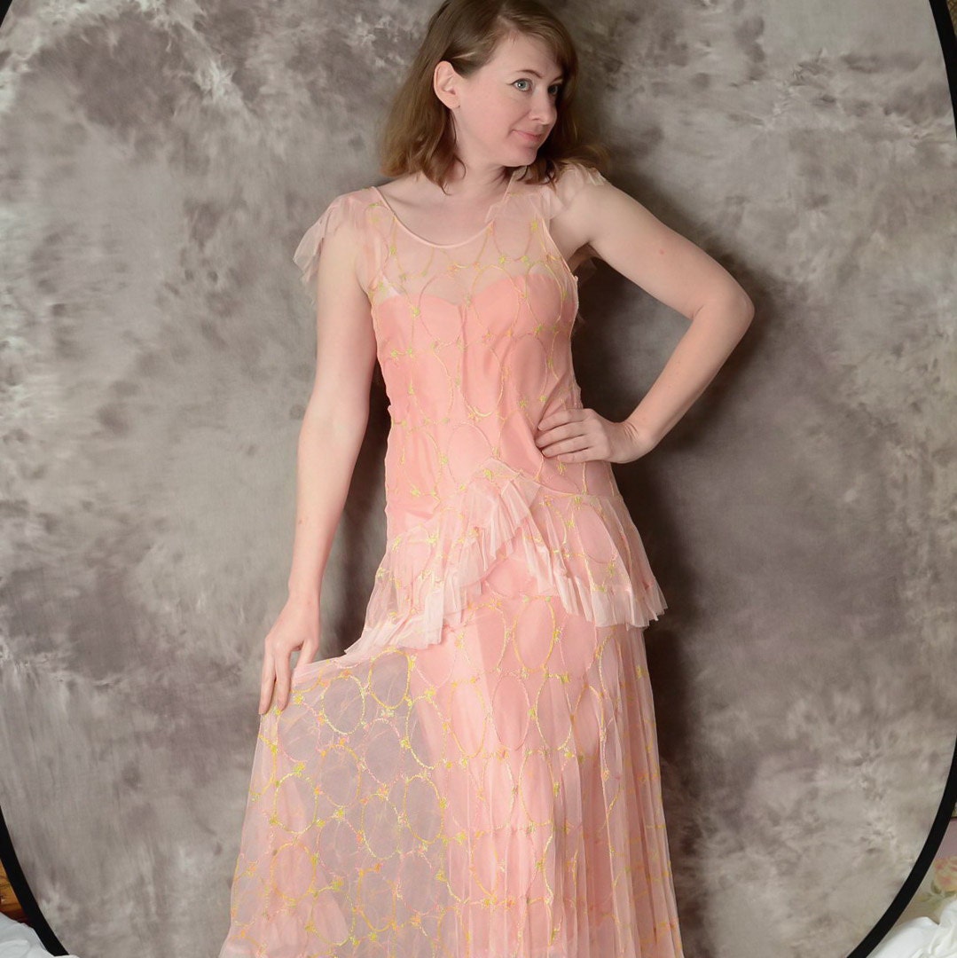 1930s Dress Pink Embroidery Net Lace Ruffle