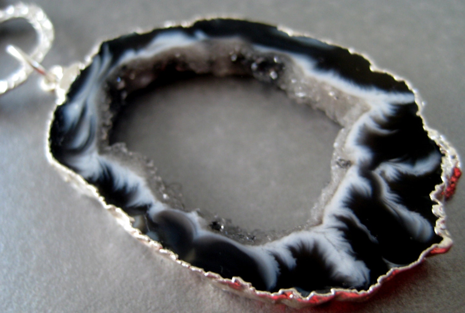 Black Druzy Fossil Slice and 925 thick sterling silver Chain Necklace - Long 23" silver  Zebra Agate Geode Slice Druzy necklace