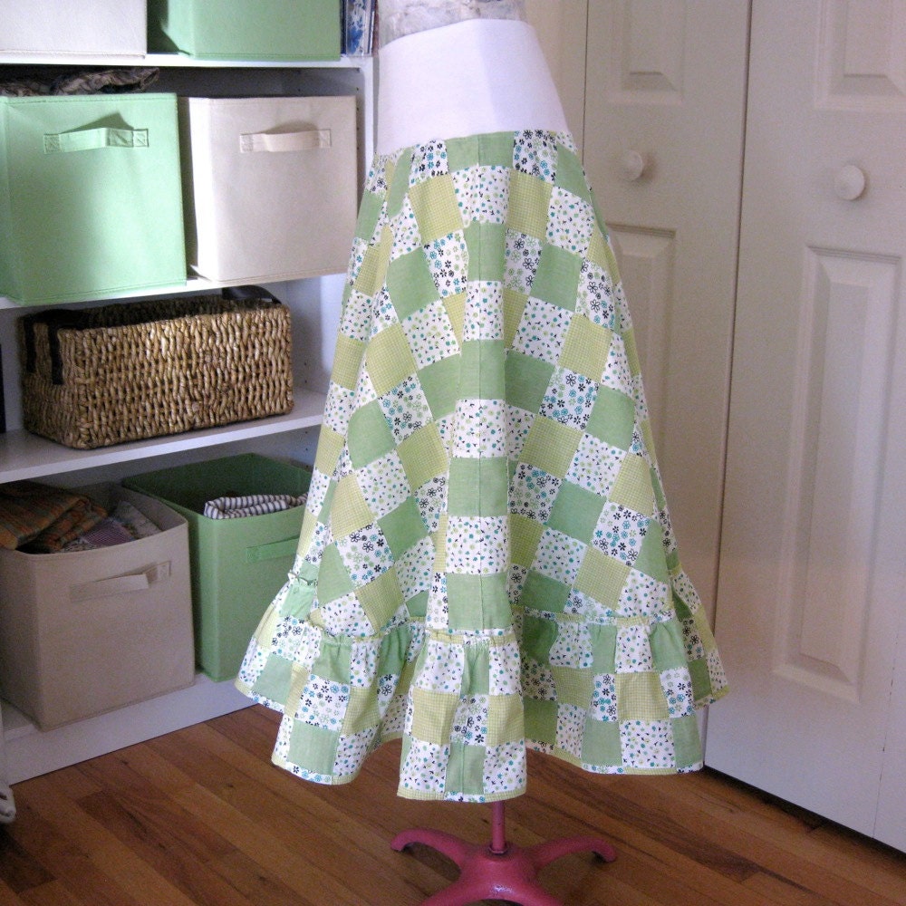 Spring Green Patchwork French Farmhouse Skirt -  Small, Medium, Large, XLarge, and Plus Sizes