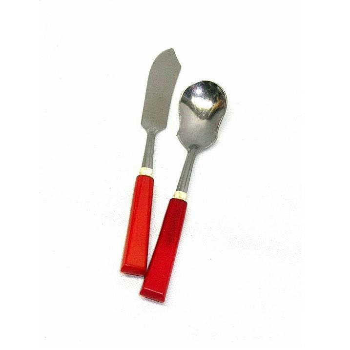 Vintage Sta-brite Stainless Cheese Spoon and Knife Red Bakelite Handles TREASURY ITEM - xurple