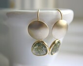 Brushed Gold Dome and Crackled Olivine Dangle earrings Free USA Shipping