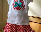 Cute Red Crad with Turquoise Bow Appliqued Tee with Minnie Ta Dot Ruffle Shorts