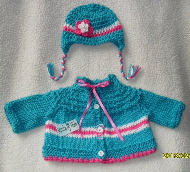 Hand knitted boutique style Baby girl lovely sweater with matching earflap hat. So CUTE