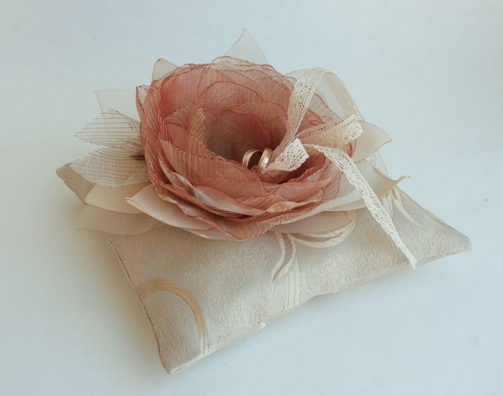 Wedding pillow with brown/burgundy flower---wedding rings pillow , wedding pillow---FREE SHIPPING