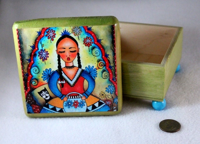 Square Jewelry Box, Peasant Girl Art Wood Box, Mexican Girl and Cat, Day of the Dead, OOAK Decoupaged Wooden Cat Trinket Box, Red Blue Green