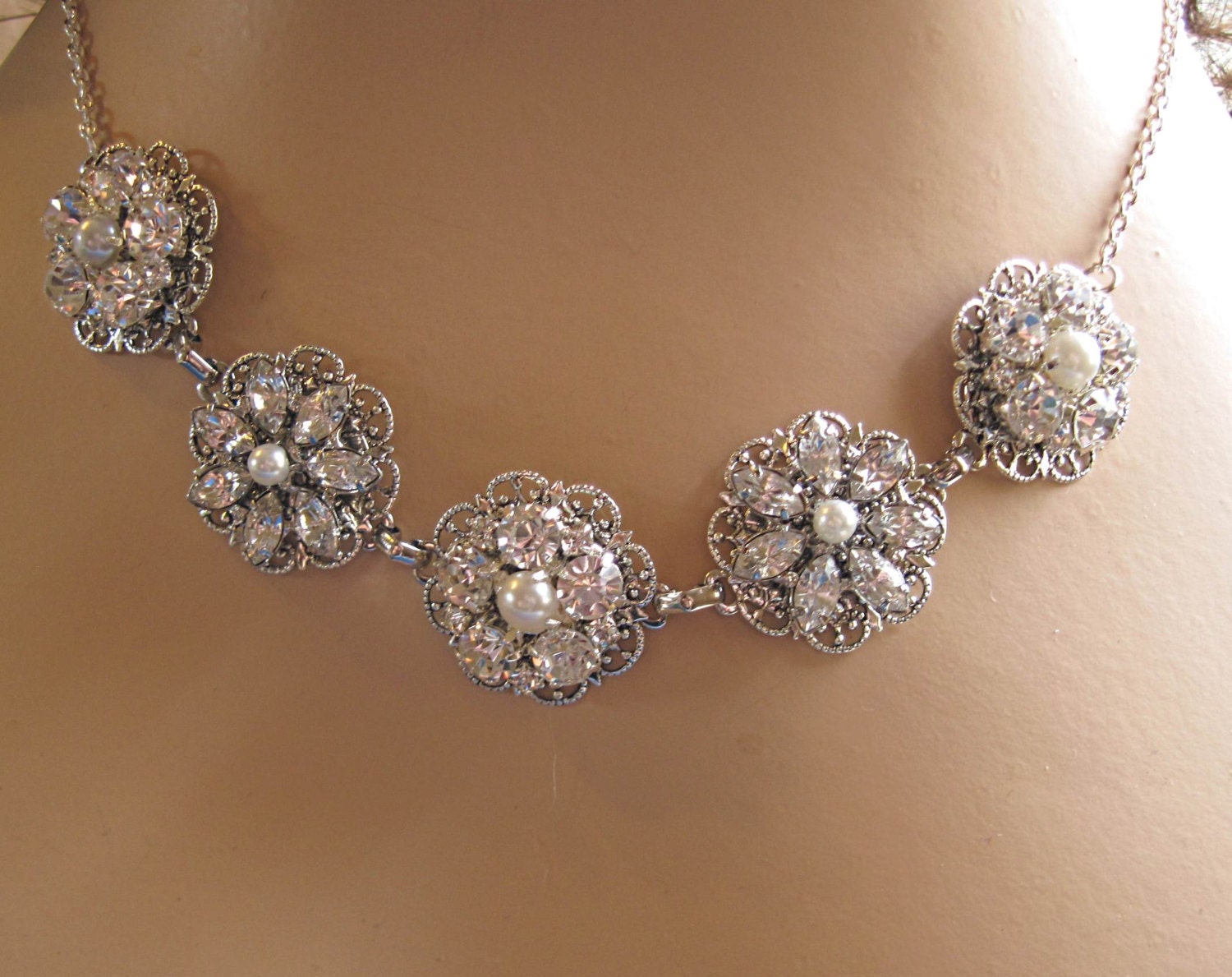Statement Bridal Necklace, Vintage Style Floral Crystal and Pearl Bridal Jewelry