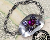 Sterling Silver Plated Spoon Bracelet -- With Purple Crystal -- Handmade by Doctorgus from Repurposed Vintage Silverware