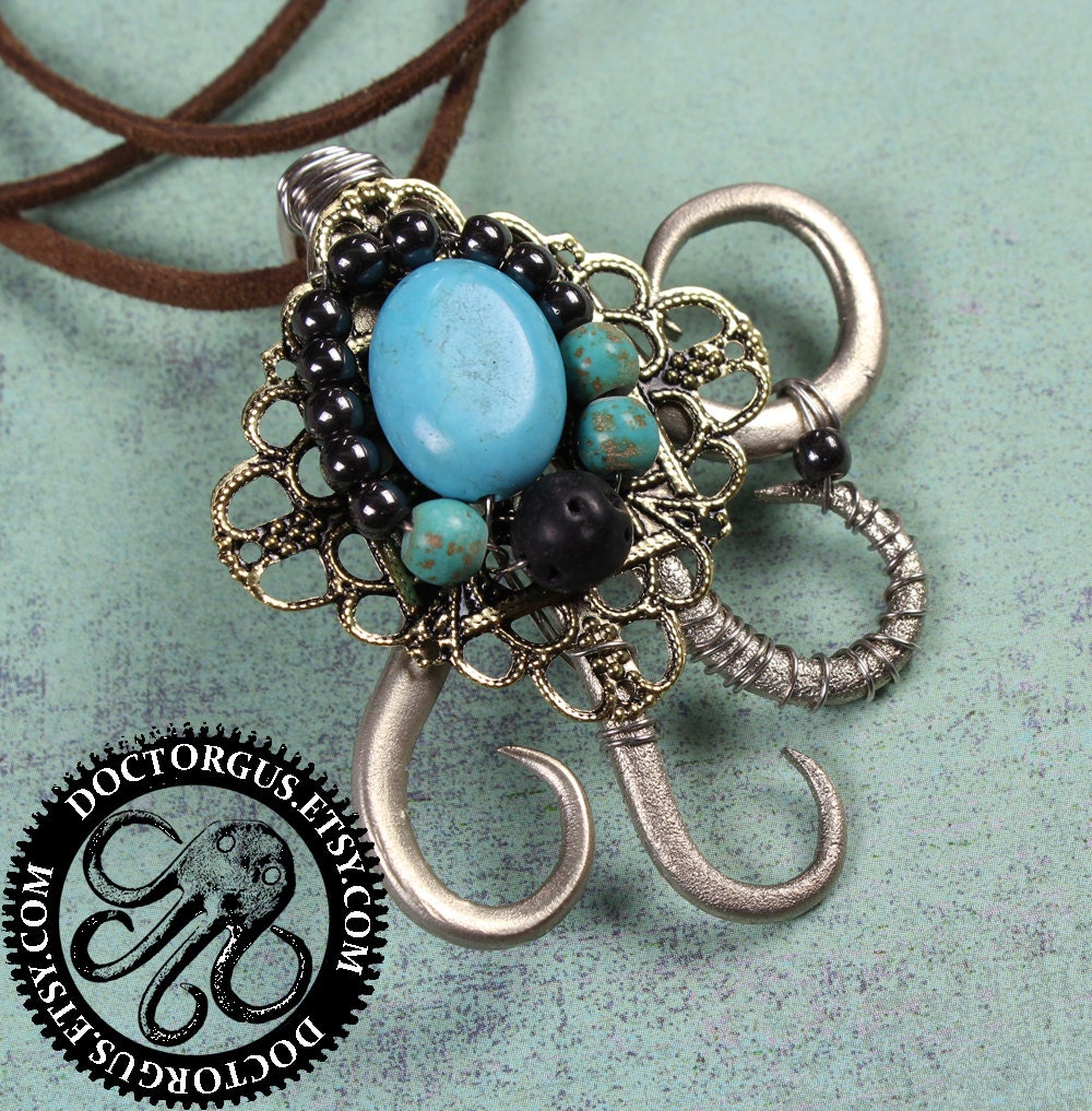 Wired Turquoise Twisted Fork Pendant -- Handcrafted From an Antique Sterling Silver Plated Fork by Doctor Gus