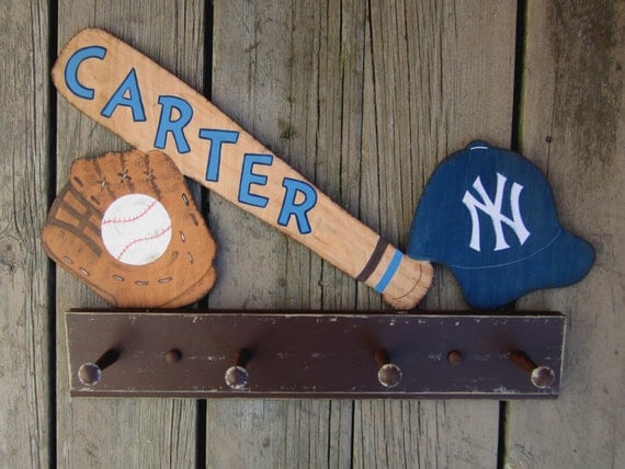 Baseball Peg Rack - Personalized Bat - Hand-Painted Natural Wood - NY Yankees - SF Giants - Texas Rangers