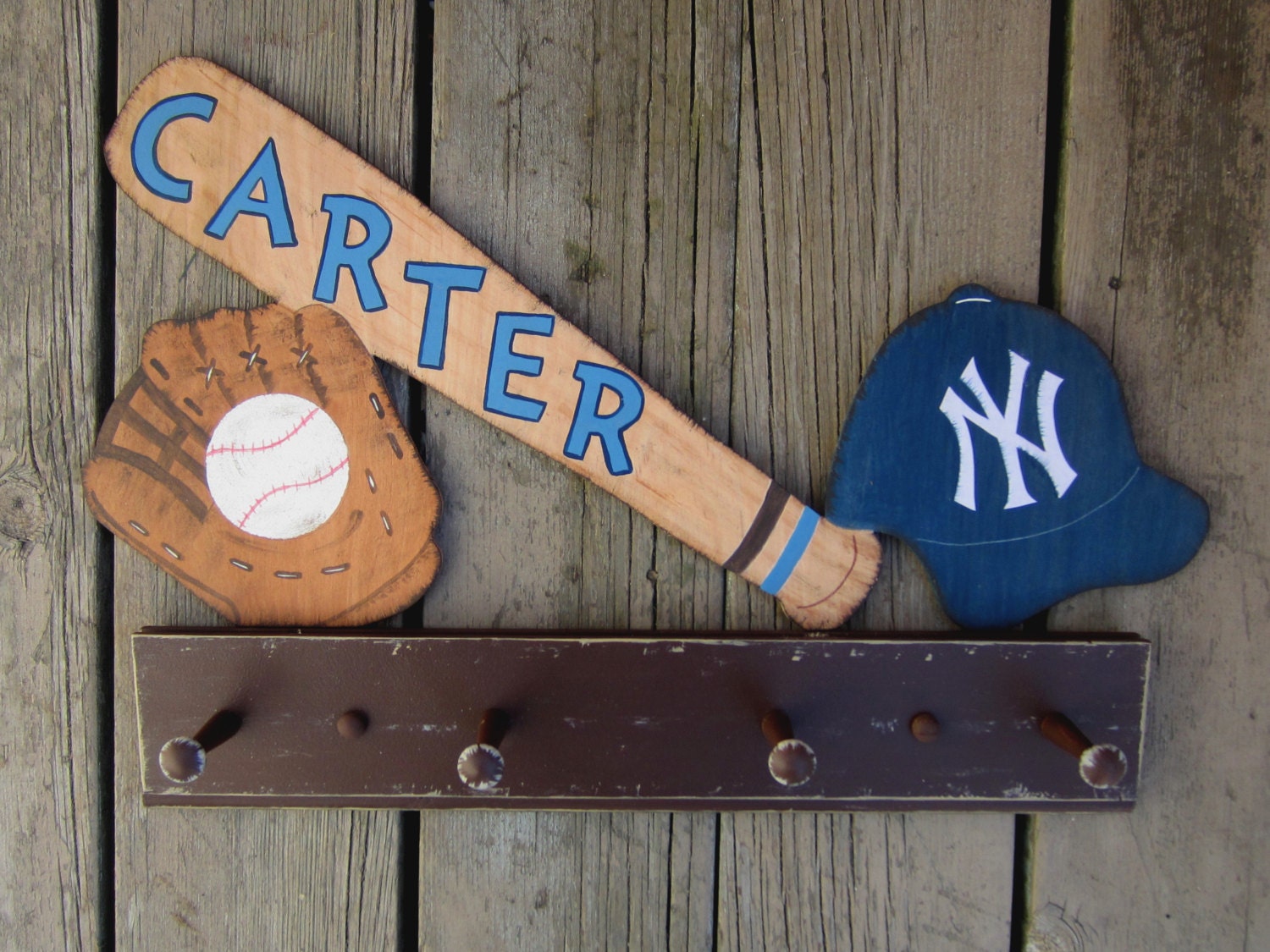 Baseball Peg Rack - Personalized Bat - Hand-Painted Natural Wood - NY Yankees - SF Giants - Texas Rangers
