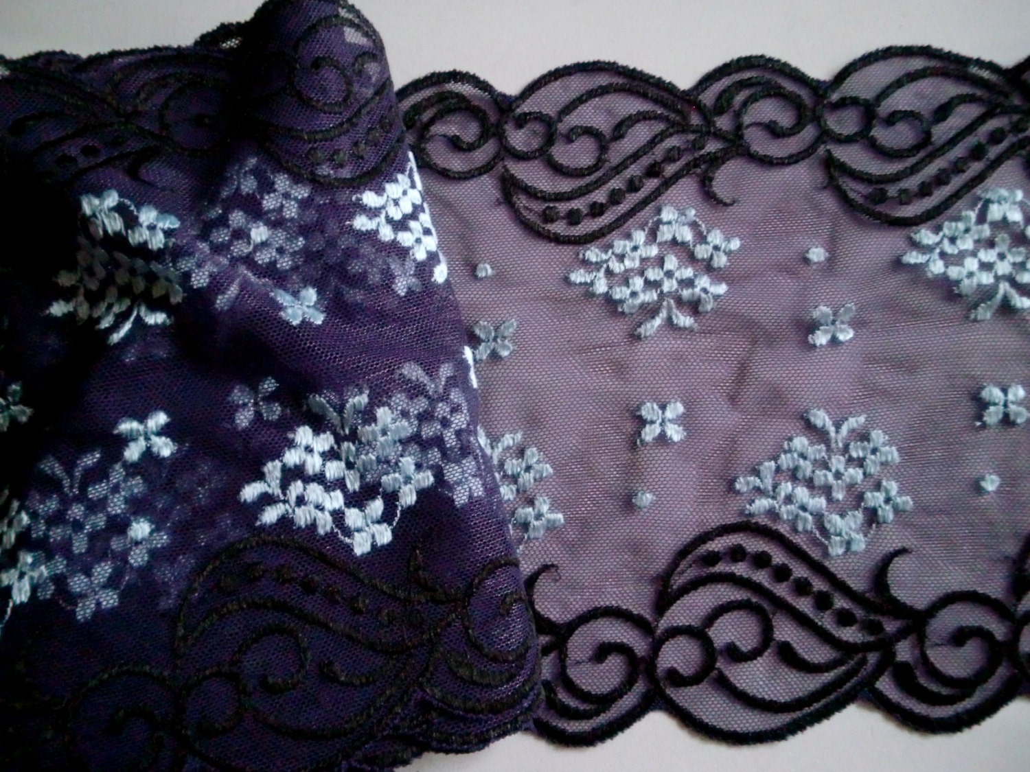 150cm Stretch Tulle Lace Galloon PURPLE BLUE BLACK by Merckwaerdigh