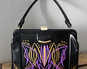 RESERVED for lotus0813 - Pinstriped Vintage Black Purse, Purple & Metallic Gold Pinstriping