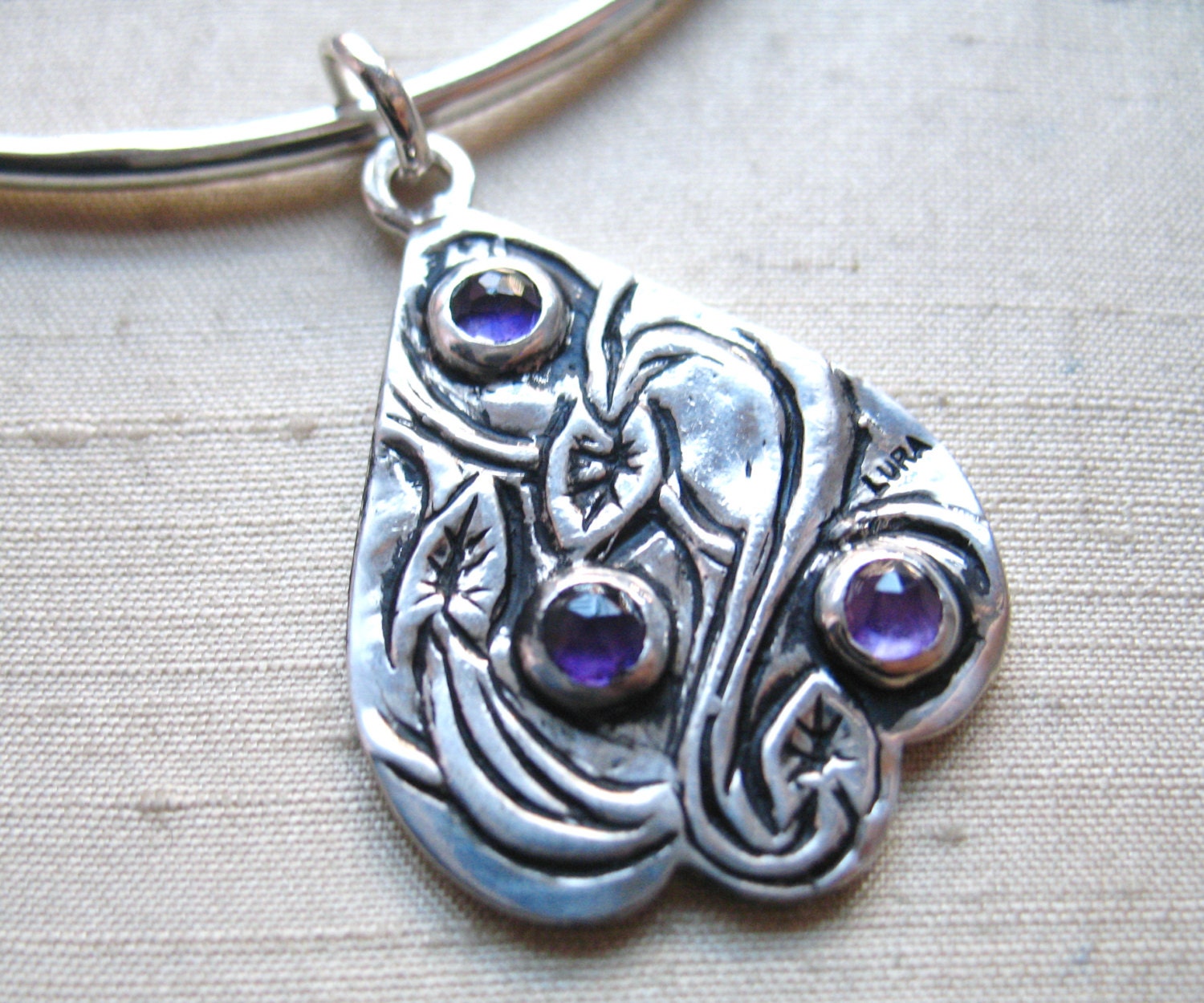 Rose Cut Amethyst and Sterling- Swan and Serpentine Leaf Bangle Bracelet