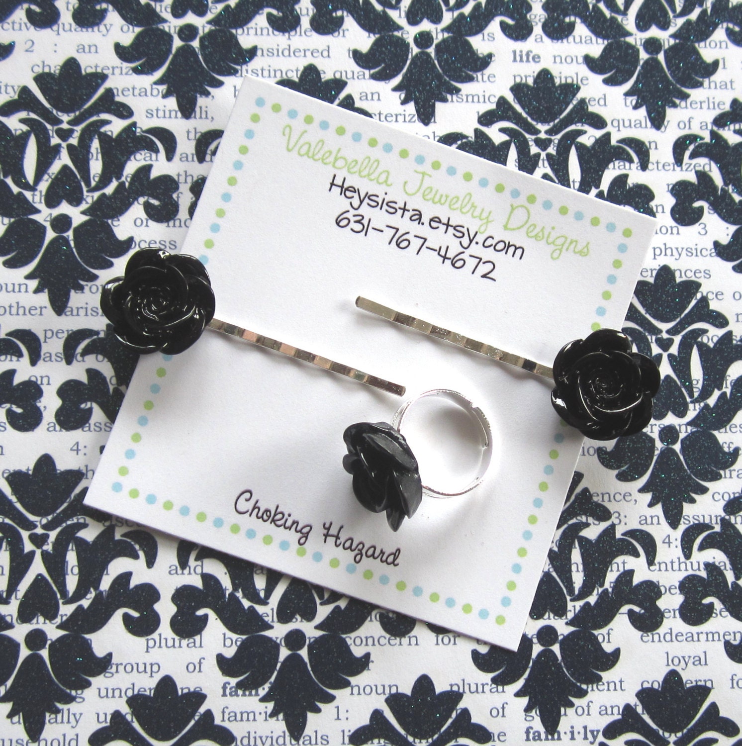 Shabby Chic Mini Rose bobby pin & adjustable ring set BLACK