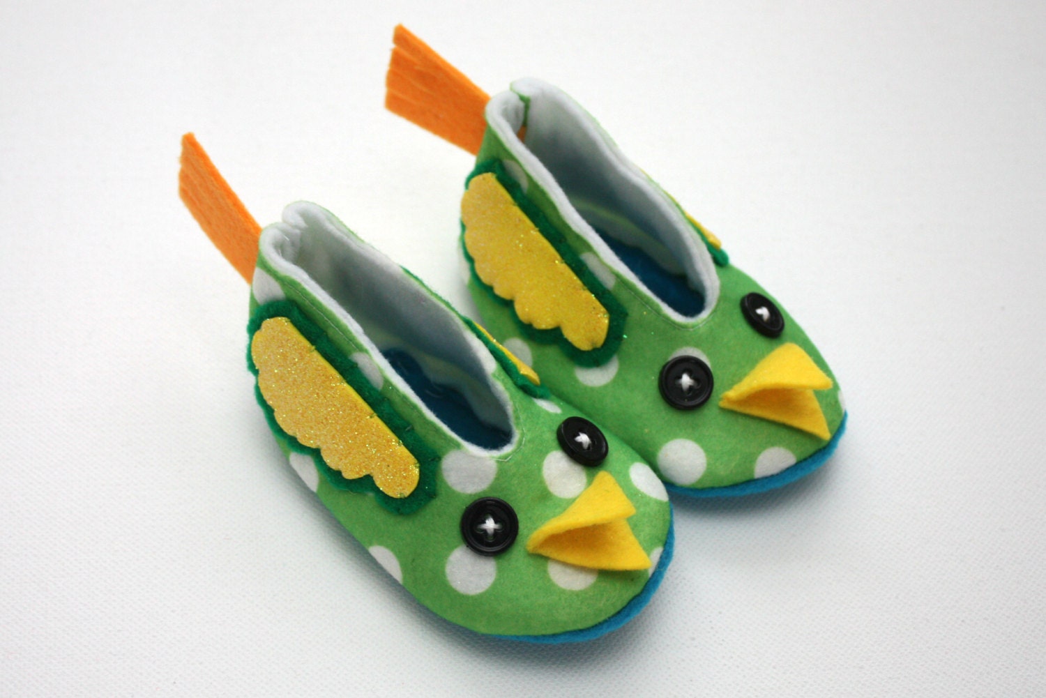 Green Polkadot Felt Baby Bird Slippers