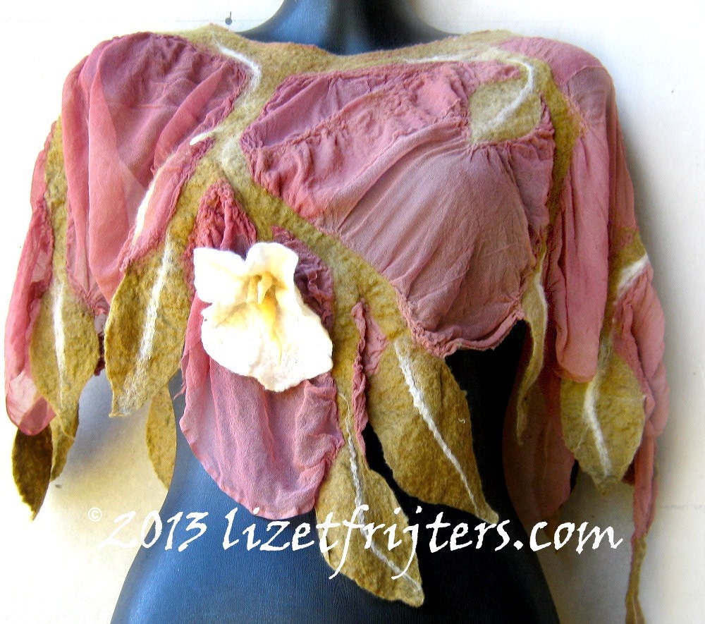 Pink Spring Summer Nuno Felted Fairy Poncho White Flowers and Green Leaves Fibre Art Eco Fashion