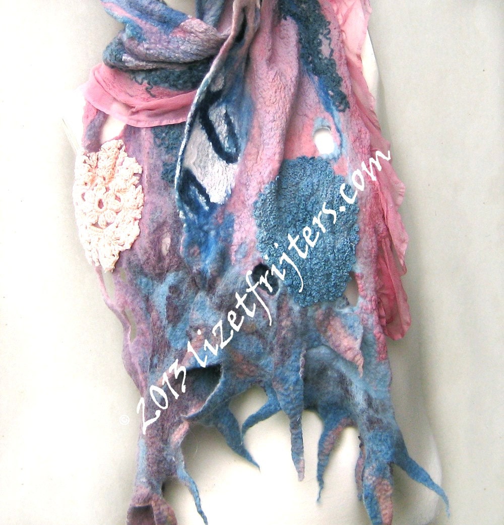Pink and Blue Long Nuno Felt Scarf with Vintage doilies Sustainable Fashion One of a Kind