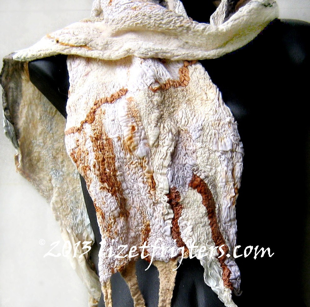 Nuno Felted Collage Scarf - White Beige - Eco Fashion - Fibre Art