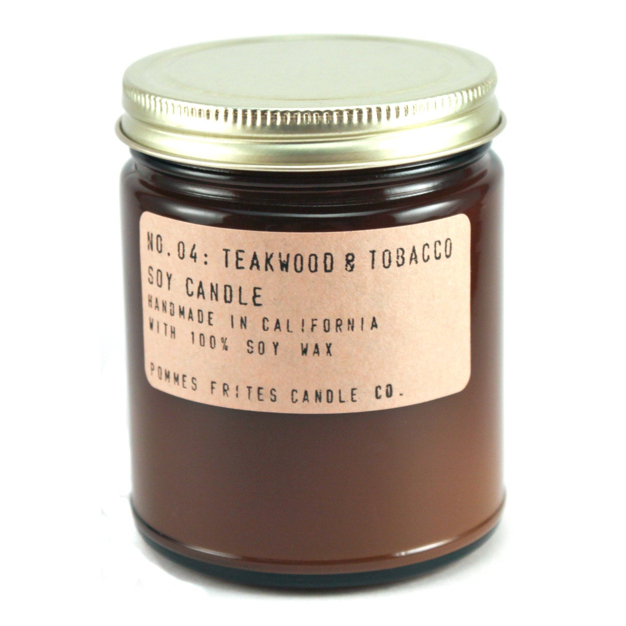 no. 4: teakwood & tobacco - 8 oz soy wax candle - apothecary style jar burns for forty hours pommes frites candle co.