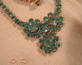 Flower  VINTAGE-Antique -Rhinestone-Aqua Blue- Necklace