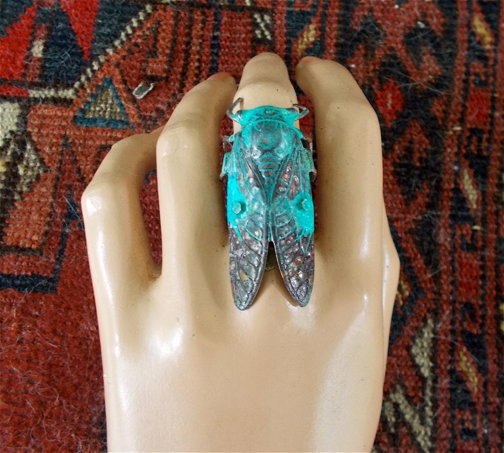 Adjustable Steampunk Cicada Ring, Turquoise, Copper & Brown V, Insect Jewelry, Insect Ring, cicada  Jewelry , Statement Ring