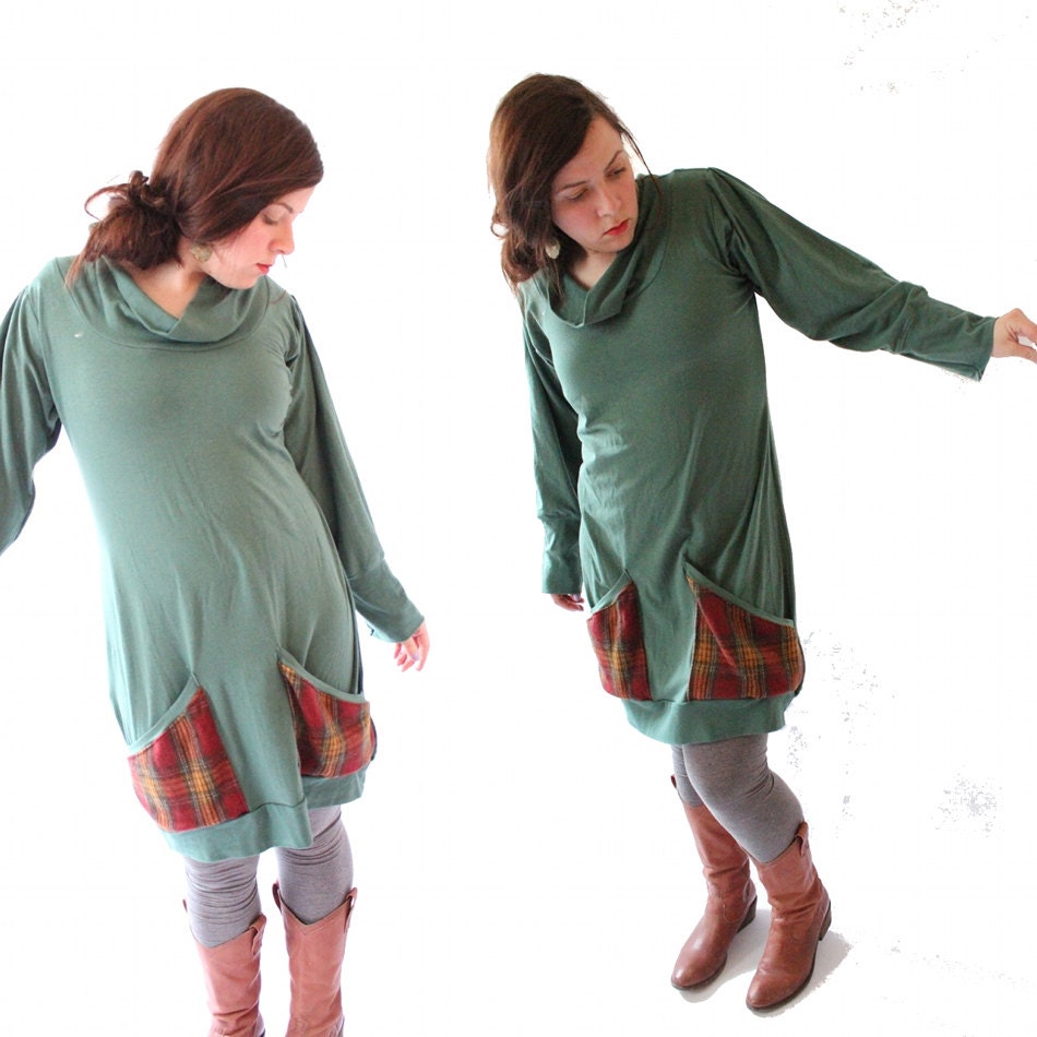 Womens Clothing // Womens Dress Cowl Neck Long Sleeves Soy Organic Cotton Green Fir Maroon Wool Plaid // Size Large // by Nicoles Threads
