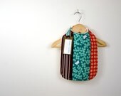 baby bib, lace up eclectic stripe, modern turquoise red and brown print, big and washable, baby and parent-friendly.
