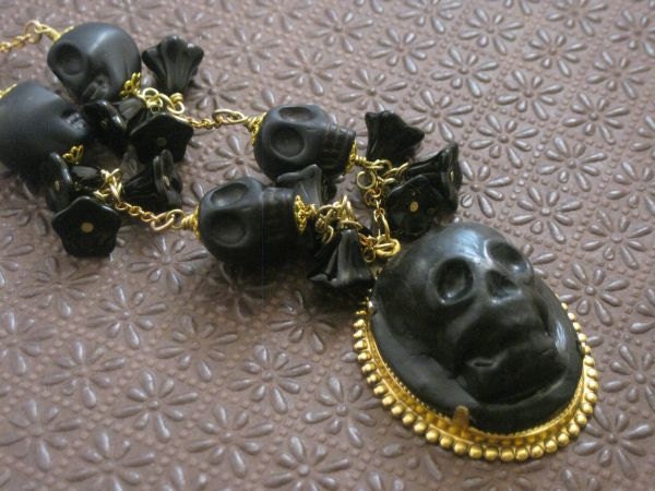 Black and brass momento mori necklace with Czech glass flowers