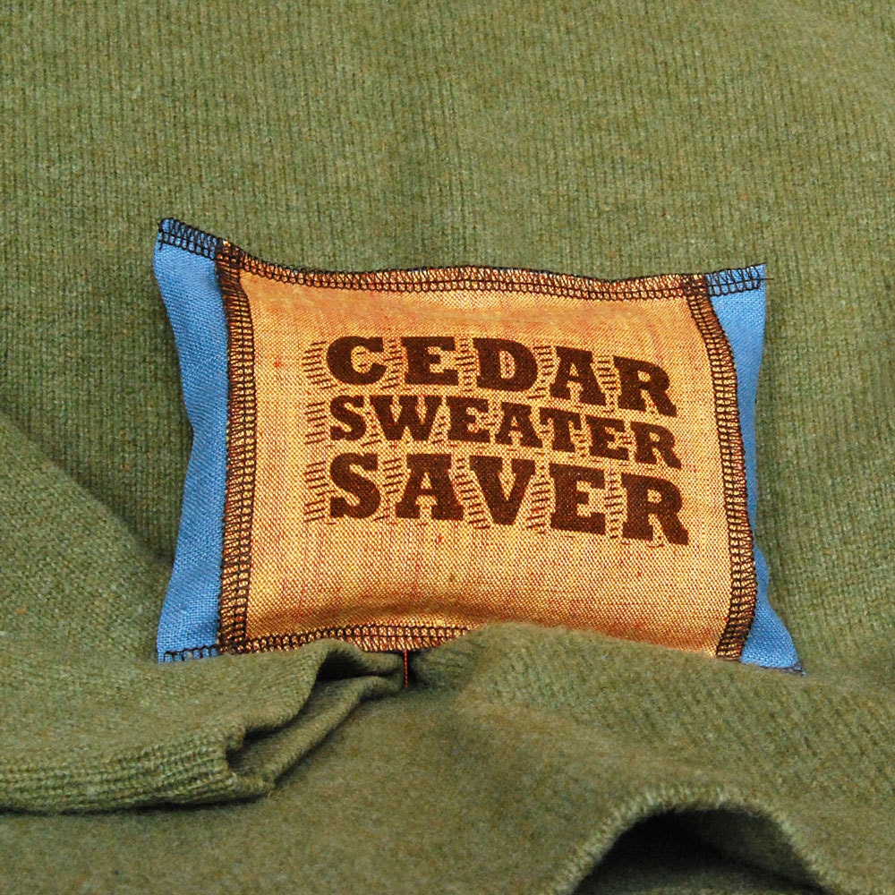 Cedar Sweater Saver Sachet in Rugged Orange and Blue Screenprinted Belgian Linen