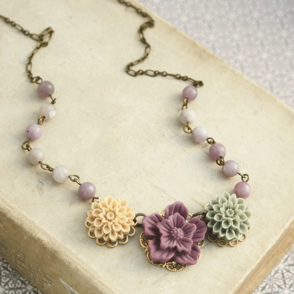 Bella Flower Statement Necklace, Flower and Bead Bib Necklace, Purple Beaded Statement Necklace