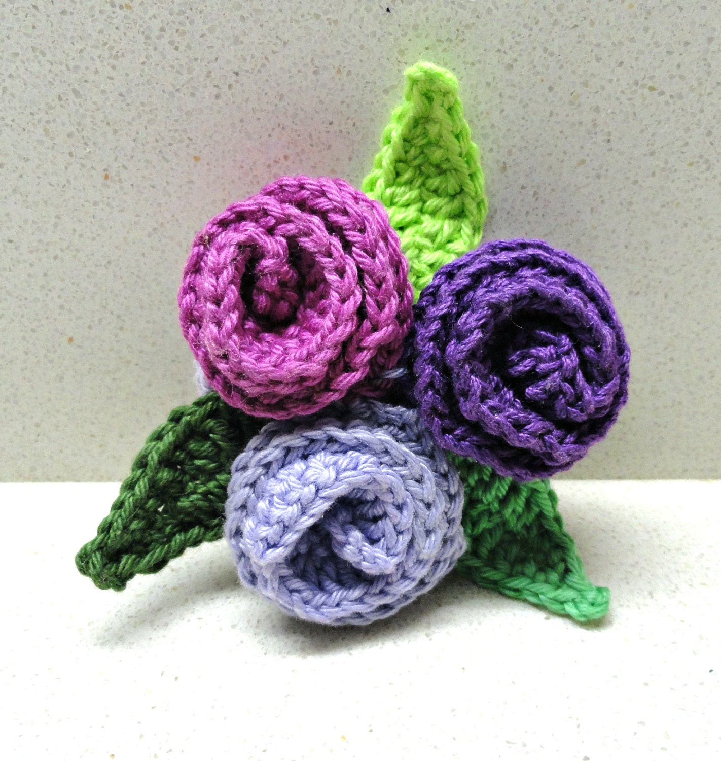 Jewelry flowers brooch pin women accessories Deco roses  CROCHETED handmade applique Roses in shades of purple and fuhsia  tagt team